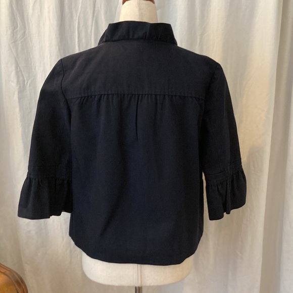 Y2K J Crew Navy collarless cropped blazer, ruffle detail, 3/4 sleeve, size 2 - Picture 5 of 14